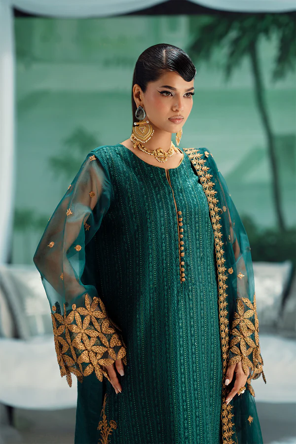 maham luxury 3pc (3) Dark Green Heavy Embroidered 3PC - Image 1