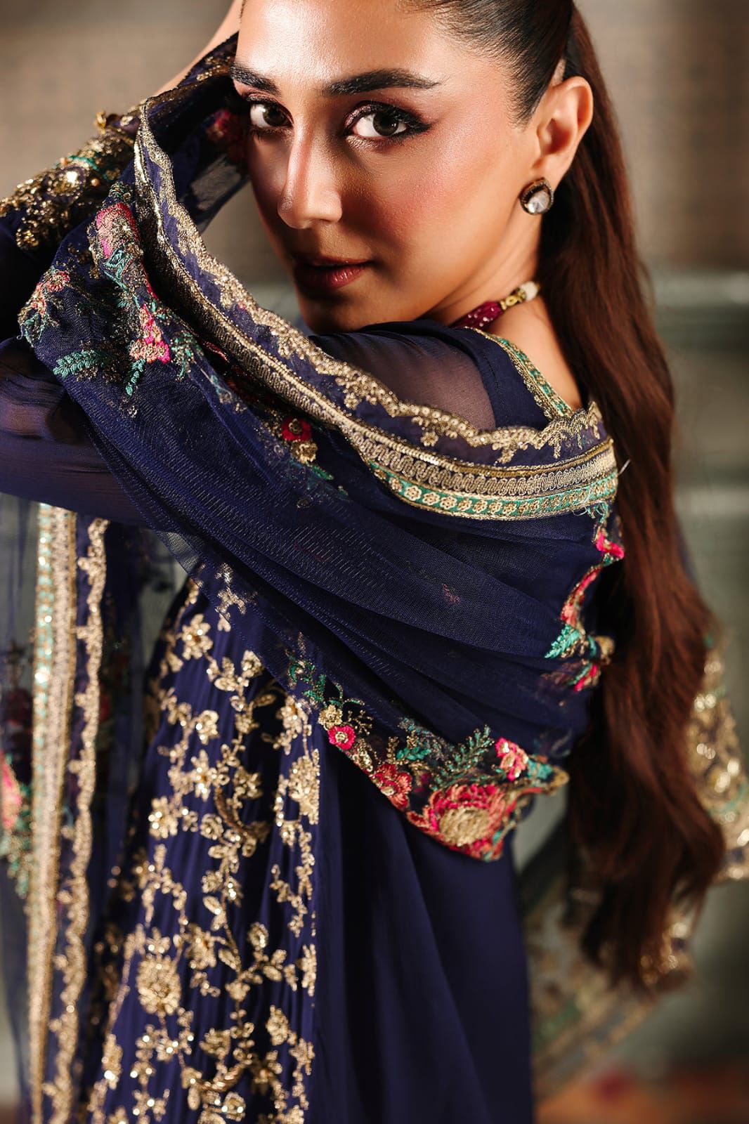 maham luxury chiffon 3pc (6) Heavy Embroidered Chiffon Navy Blue 3PC - Image 1