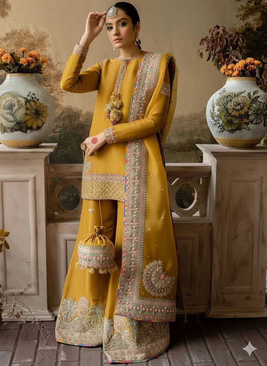 maham luxury store 3pc (2) Hit Design Golden Heavy Embroidery Premium Edition - Image 1