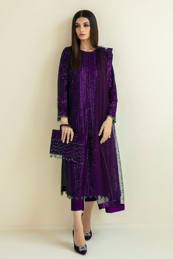 maham luxury store fancy sequence 3pc (2) Luxury Heavy Sequence Embroidery 3PC Purple - Image 1