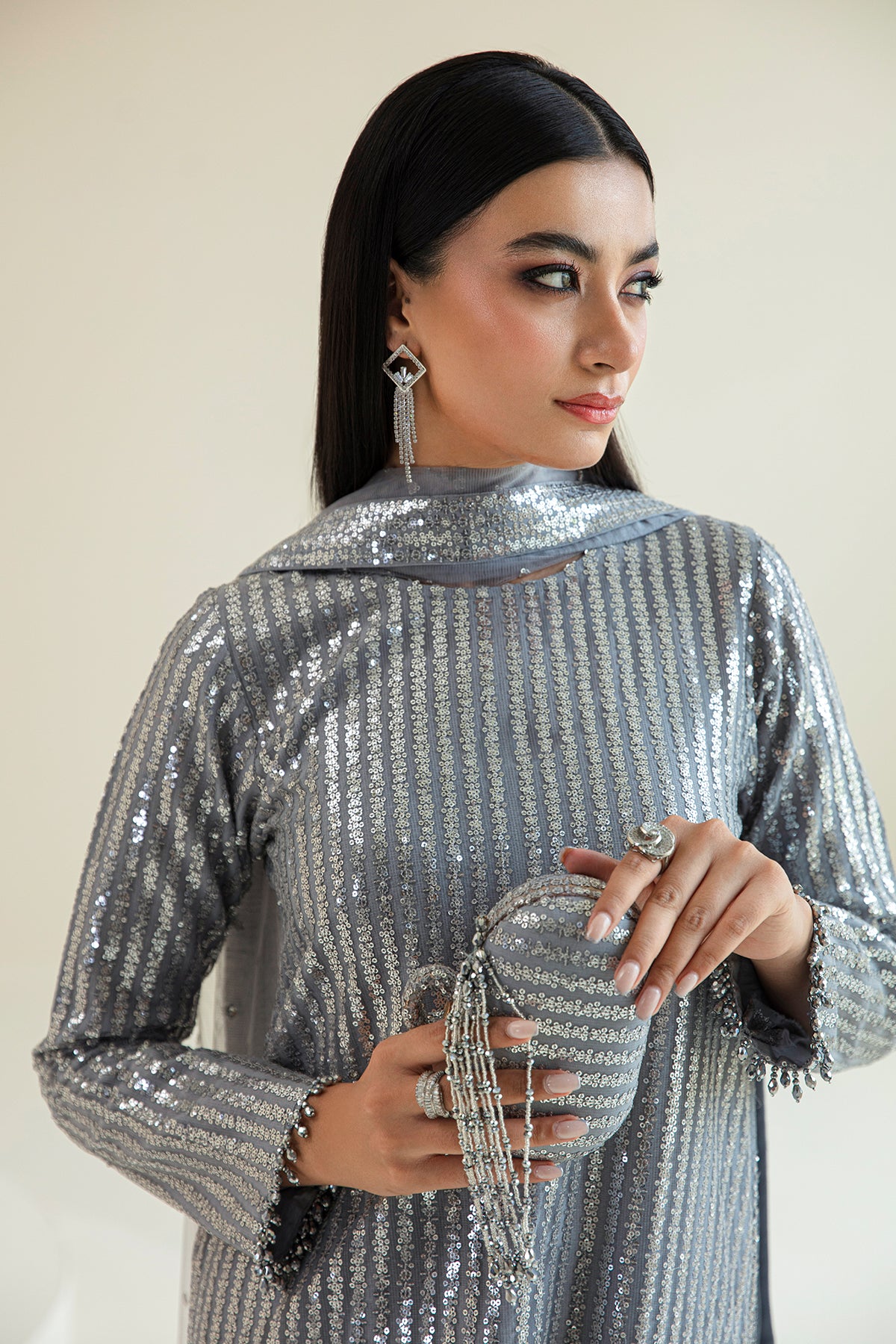 maham luxury store fancy sequence 3pc (5) Luxury Heavy Sequence Embroidery 3PC Silver - Image 1