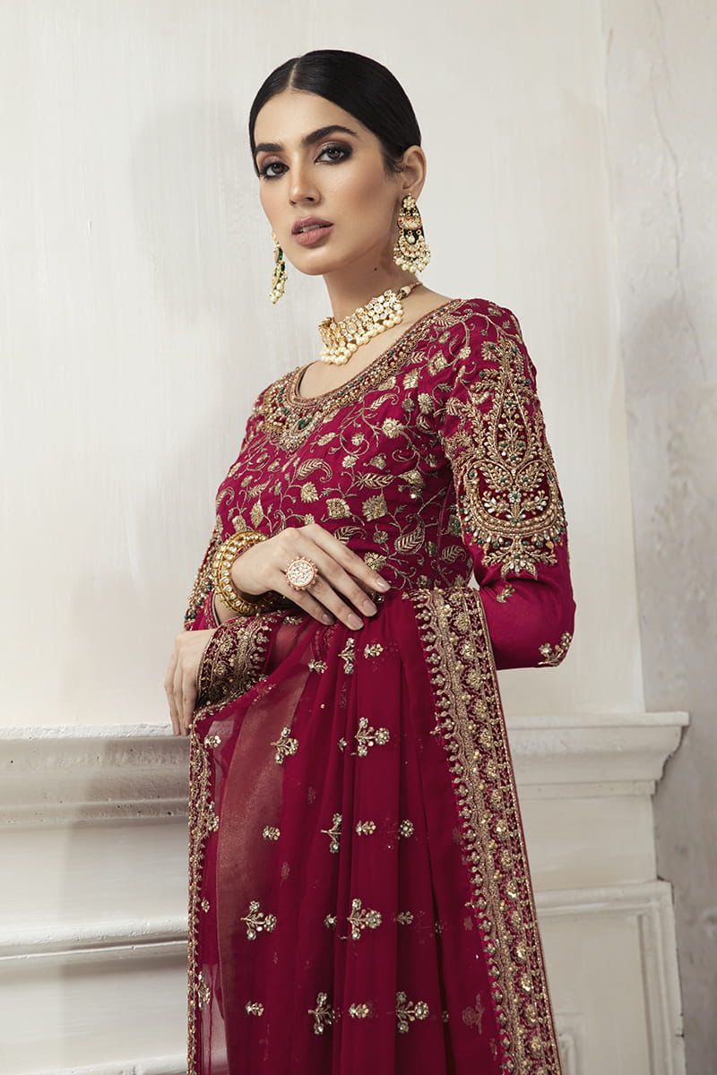 maham luxury store red saree (1) Heavy Embroidered Saree Maroon - Image 1