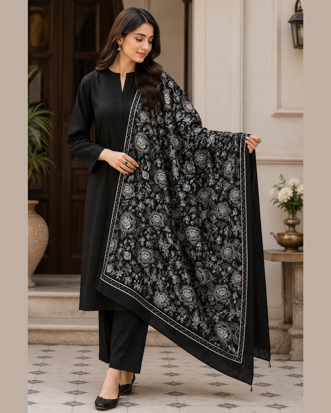 Karandi Heavy Embroidered Shawl Black