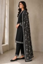 Karandi Heavy Embroidery 3Pc Black - Winter Collection - Image 2